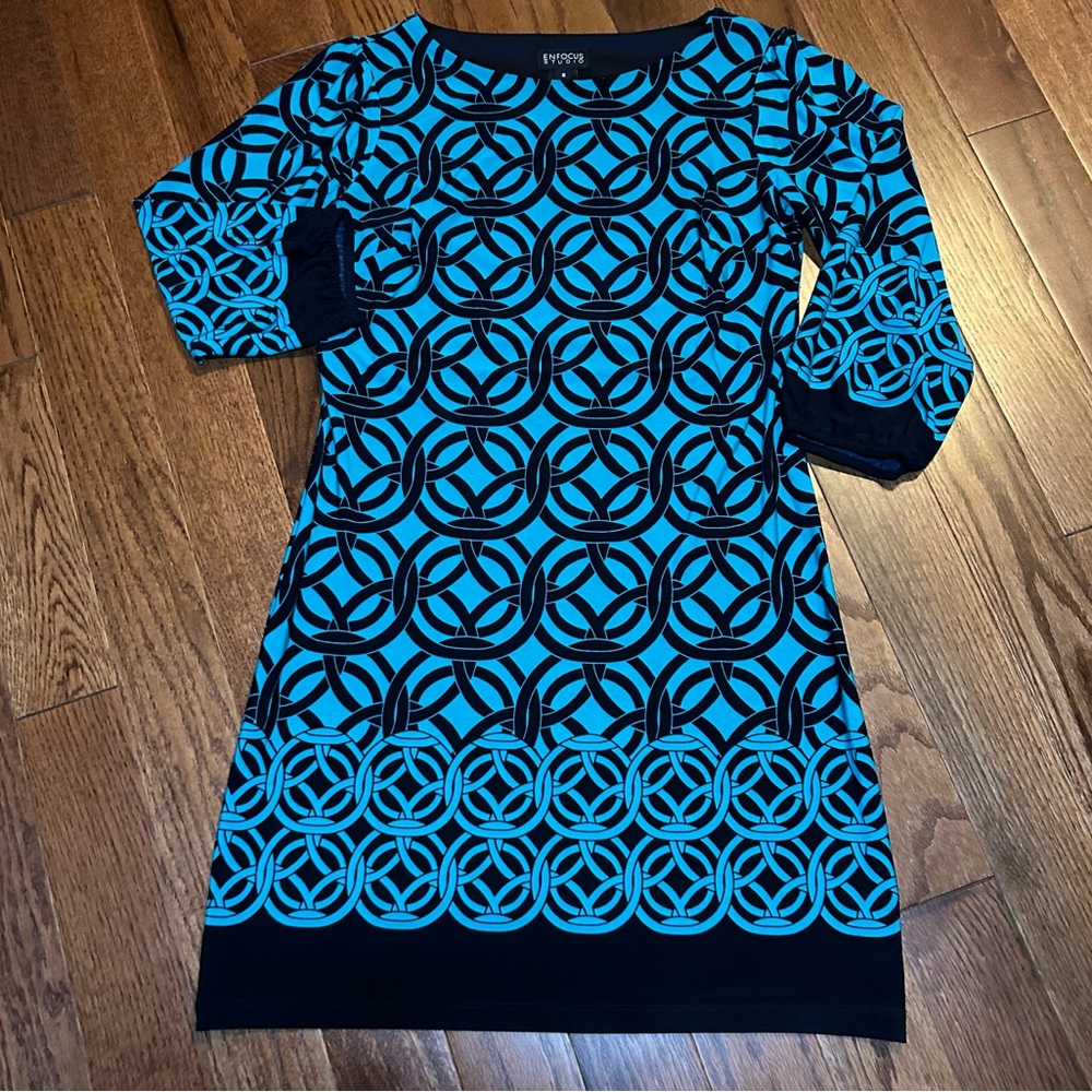 Enfocus Studio Blue Teal and Black Geometric 3/4 Sleeve Dress